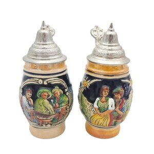 Pair of German Lidded Beer Steins Vintage‎ Lusterware Barmaid 6" Hand Painted